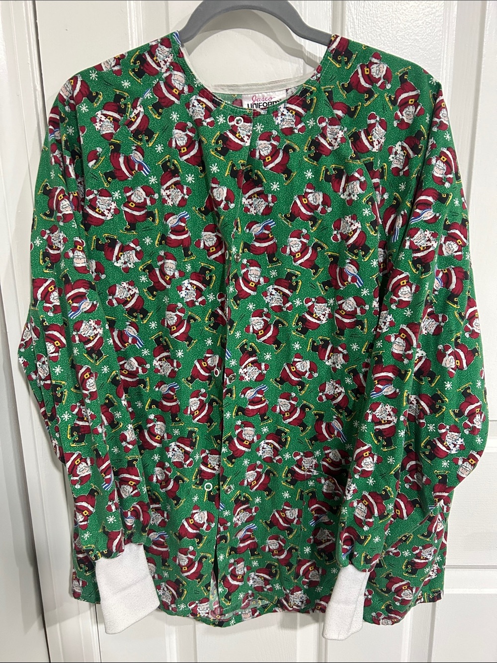 Holiday Santa Print Green Scrub Top